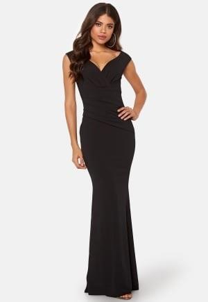 Goddiva Bardot Pleat Maxi Dres Black L (UK14)