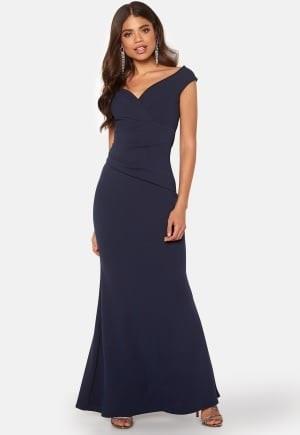 Goddiva Bardot Pleat Maxi Dres Navy L (UK14)