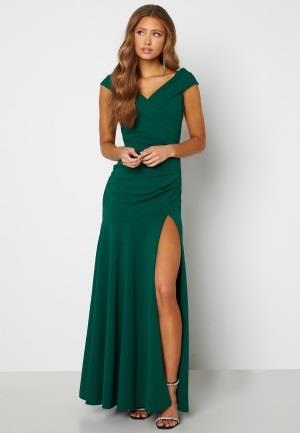 Goddiva Bardot Pleat Maxi Split Dress Green S (UK10)
