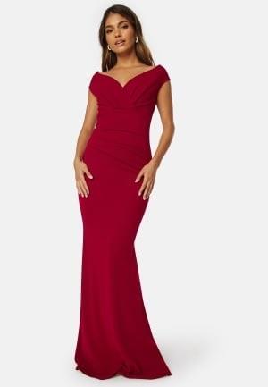 Goddiva Bardot Pleat Maxi Dress Wine-red S (UK10)