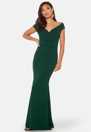 Goddiva Bardot Pleat Maxi Dress Emerald XXS (UK6)