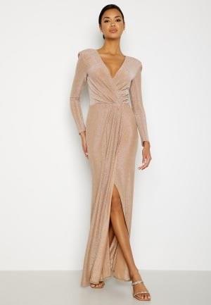 Goddiva Long Sleeve Glitter Maxi Dress Nude S (UK10)