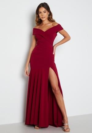 Goddiva Bardot Pleat Maxi Split Dress Wine XXS (UK6)