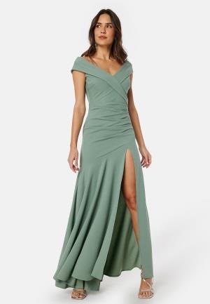 Goddiva Bardot Pleat Maxi Split Dress Dark Sage S (UK10)