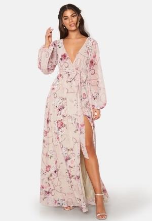 Goddiva Floral Long Sleeve Chiffon Maxi Dress Latte XXL (UK18)
