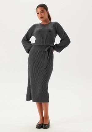 BUBBLEROOM Round Neck Rib Knitted Midi Dress  Dark grey melange XS