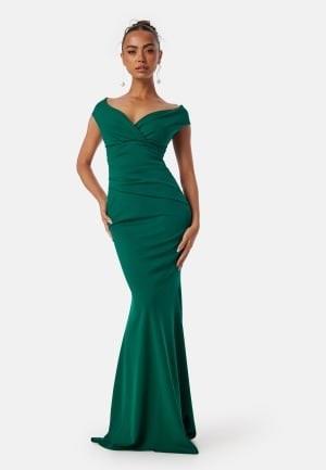 Goddiva Bardot Pleat Maxi Dress Dark green M (UK12)