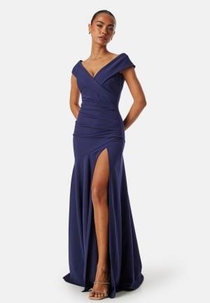 Goddiva Bardot Pleat Maxi Split Dress Dark blue XL (UK16)