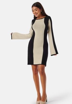 BUBBLEROOM Striped Long Sleeve Knitted Dress Cream/Black XS