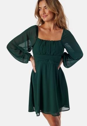 BUBBLEROOM Square Neck L/S Georgette Dress Dark green 40