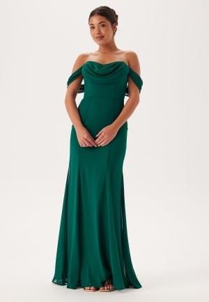 Goddiva Chiffon Off Shoulder Maxi Dress Dark Green S (UK10)