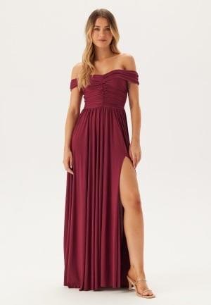 Goddiva Bardot Rouched Maxi Split Dress Berry XS (UK8)