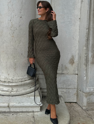 BUBBLEROOM Structure Long Sleeve Midi Dress Khaki green M