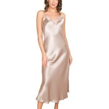 Lady Avenue Pure Silk Long Nightgown With Lace Perlhvit silke Medium D...
