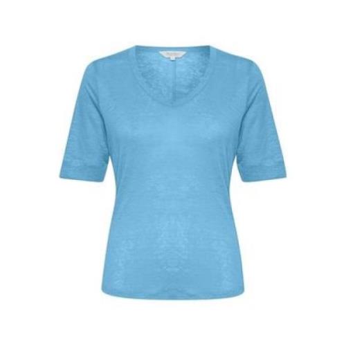 Blå Lin V-Hals T-Skjorte