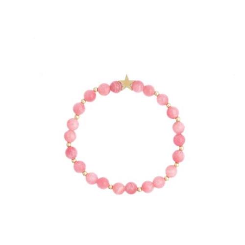 Stone Bead Bracelet 6 MM W/Gold Beads Candy Pink