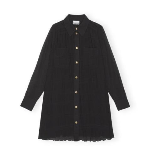 Black 099 Ganni Pleated Georgette Shirt Dress Kjole