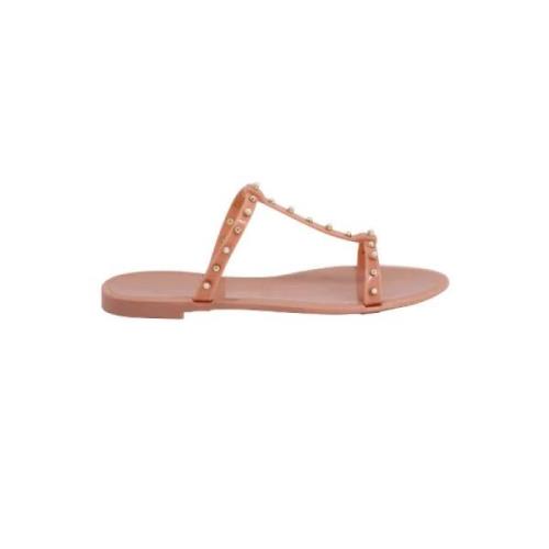 Rosa gummi flate sandaler med perle studs