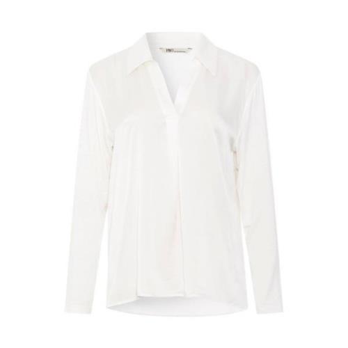 Hvit Bluse med V-Hals og Skjortekrage