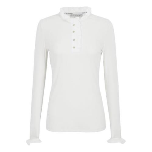Hvit Flory Langarmet T-skjorte med Rysjedetaljer og Knapper