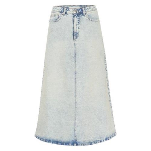 Lyseblå Acid Wash Denim Midi Skjørt