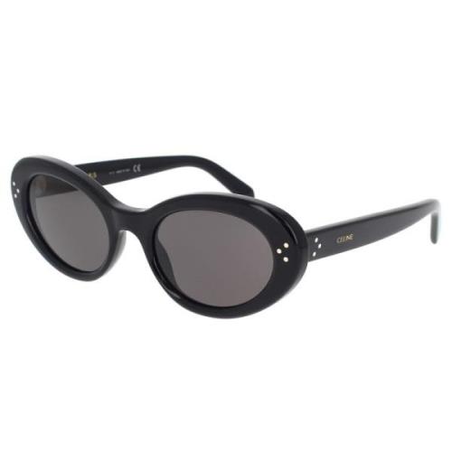 Ovale solbriller med svart acetatramme og grå organiske linser