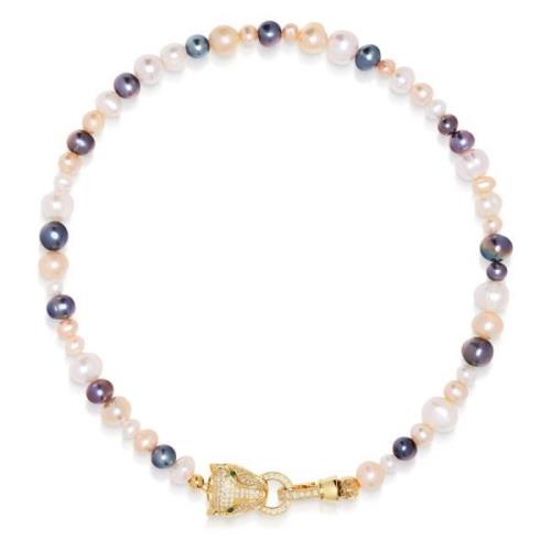 Women's Multi-Colored Pearl Choker with Gold Panther Head