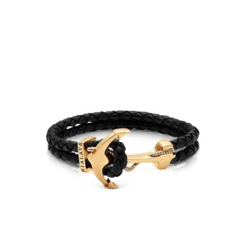 Men's Black Leather Bracelet with Gold Anchor
