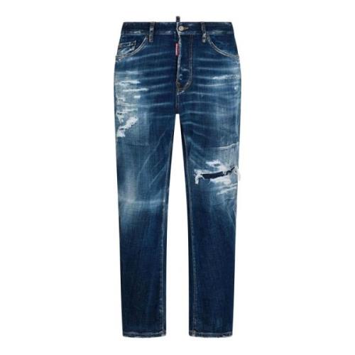 Blå Denim Jeans med Slitt Effekt