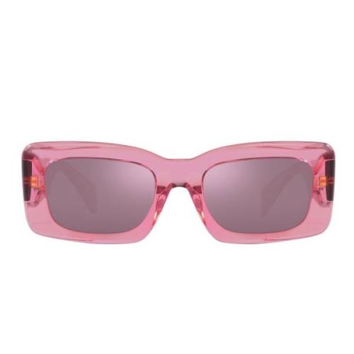 Rektangulære solbriller med lilla linse og gjennomsiktig rosa ramme