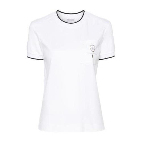 Hvit Bomull T-skjorte med Kontrastkant og Brystlomme