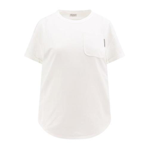 Hvit Crew-Neck T-skjorte med Lomme