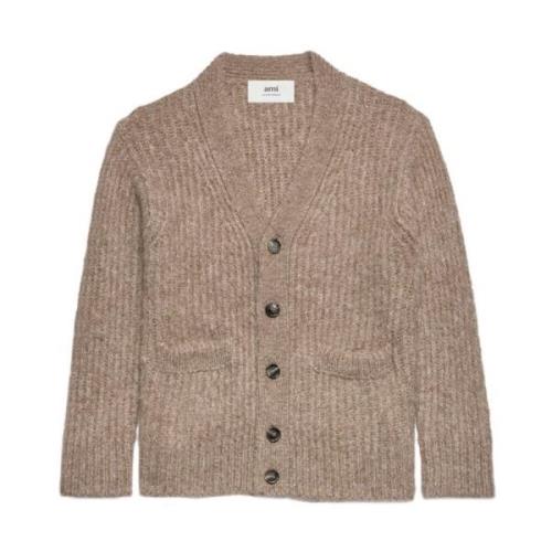 Beige V-Hals Ribbestrikket Cardigan