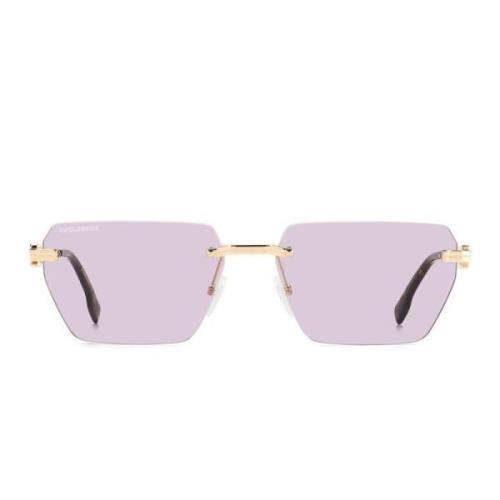 Moderne avslappede solbriller med gullramme og lyserosa linser