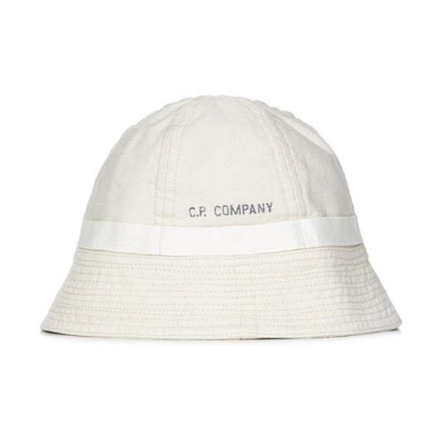 Hvit Bomullskanvas Bucket Hat med Logo Print