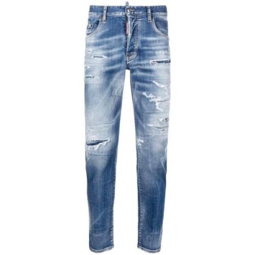 Blå Slim-Fit Ripped Jeans med Distressed Effekt