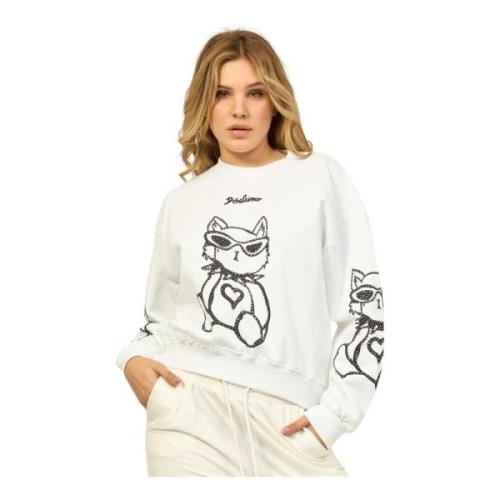 Hvit Crewneck Sweater med Print og Rhinestones