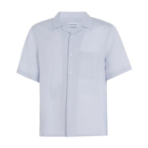 Lys Blå Calvin Klein Cuban Kortermet Lin Og Bomulls Skjorte - Isblå Sk...