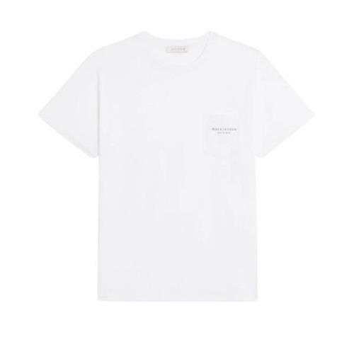 Hvit T-skjorte med lomme og Rain or Shine slogan