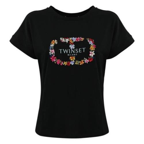 Sort Twin-set T-skjorte med brodert blomsterdesign
