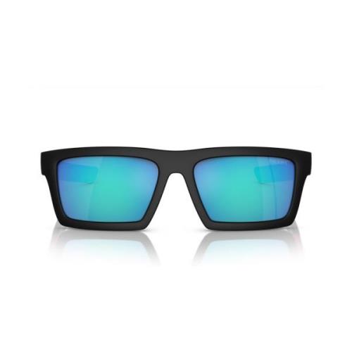 Matt Svart Rektangulære Solbriller med Grønne Speilglass