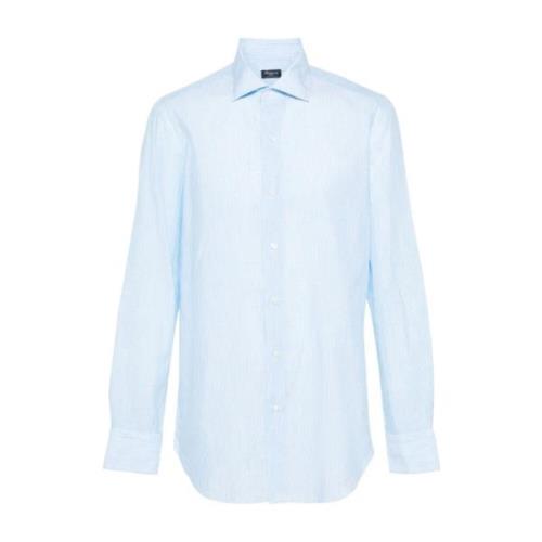 Blå og hvit stripet lin-bomullsskjorte