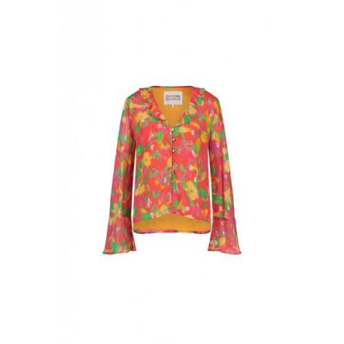 Blomstret V-hals Bluse med Rysjer