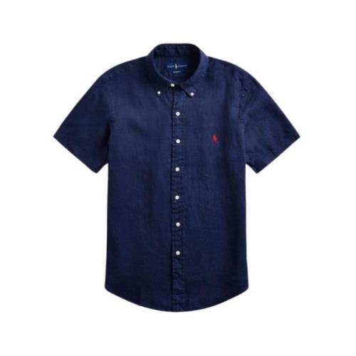 Marineblå Lin Custom Fit Skjorte