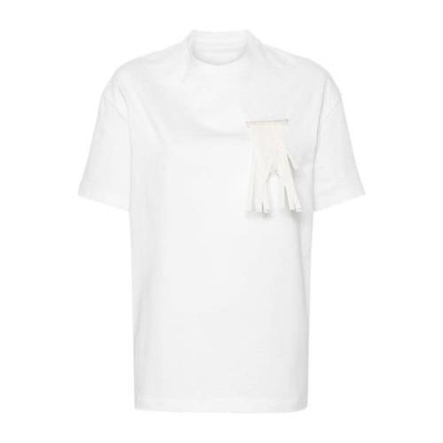 Hvit Bomull Jersey T-skjorte med Frynset Brosj