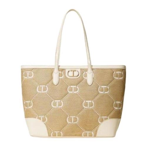 Rafia Jacquard Shopper Bag med Oval T Logo