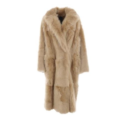 Beige Shearling Kåpe med Krage