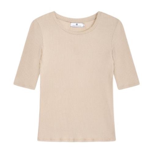 Ribbet Lyocell T-skjorte - Beige