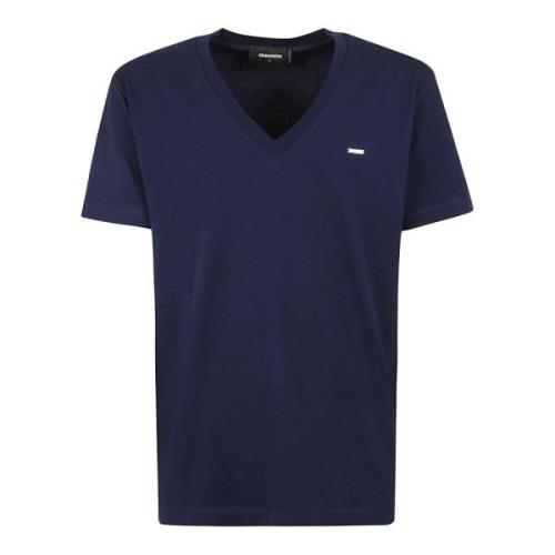Blå Bomull Jersey V-Hals T-Skjorte