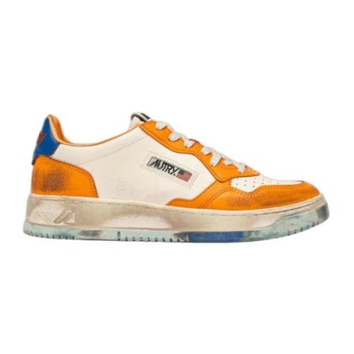 Vintage Skinn Sneakers Hvit Oransje Blå